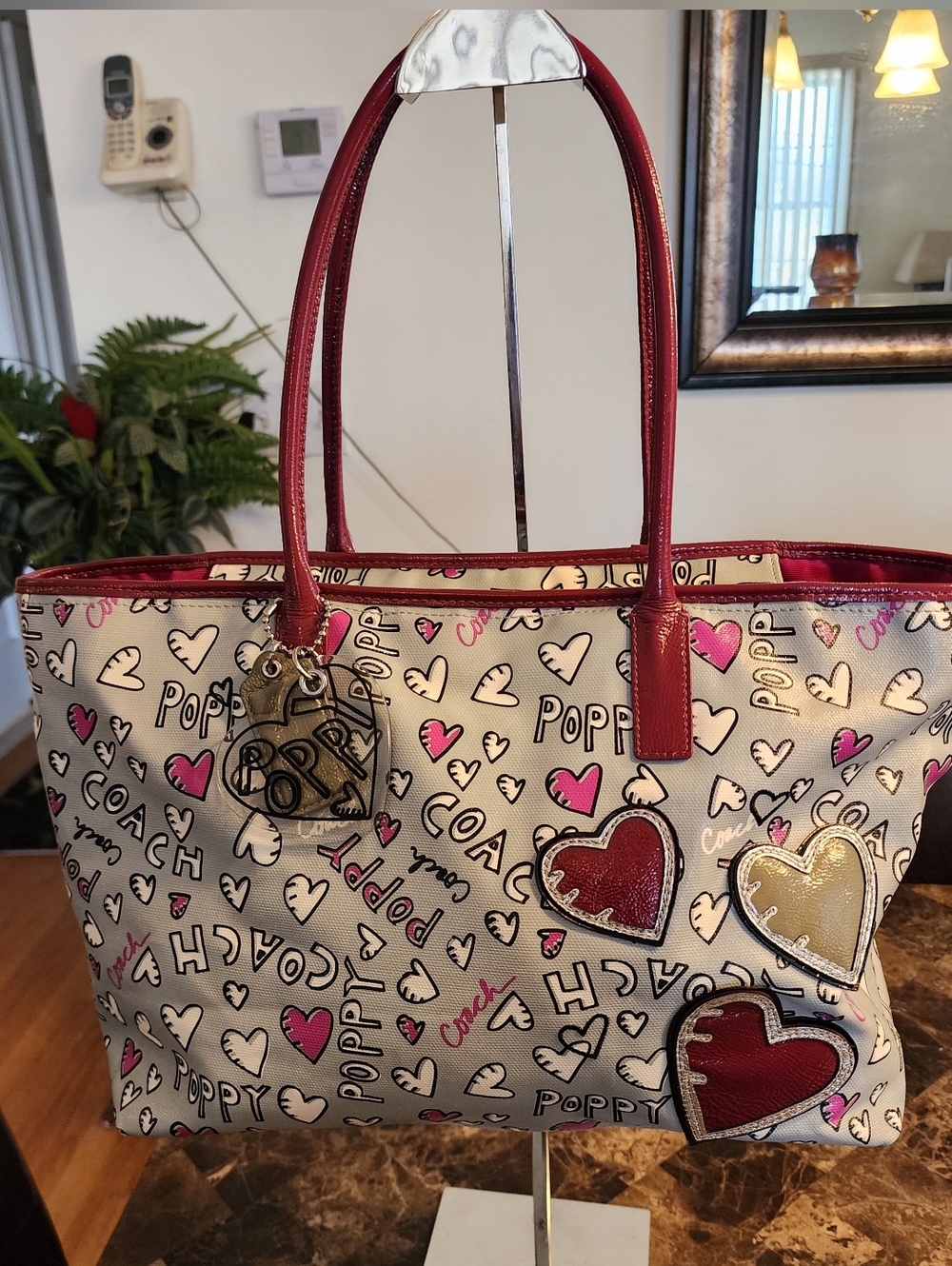 Coach Grey Tote with Red, Pink & Gold Heart Accents